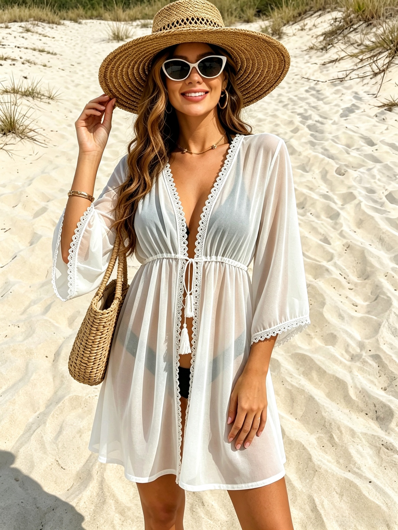 Robe Kimono de Plage Blanche en Chiffon pour Femme avec Bordure en Dentelle, Franges, Taille à Nouer et Manches Évasées