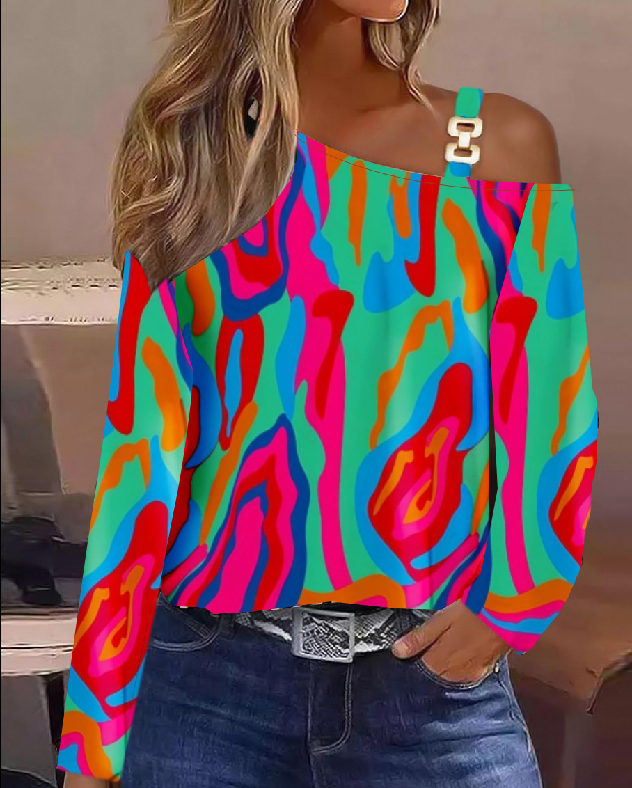 Chemise élégante pour femmes, sexy, ample, printemps-hiver 2026, épaule dénudée, découpe, chaîne suspendue au cou, imprimé, bouton, haut tendance pour femmes