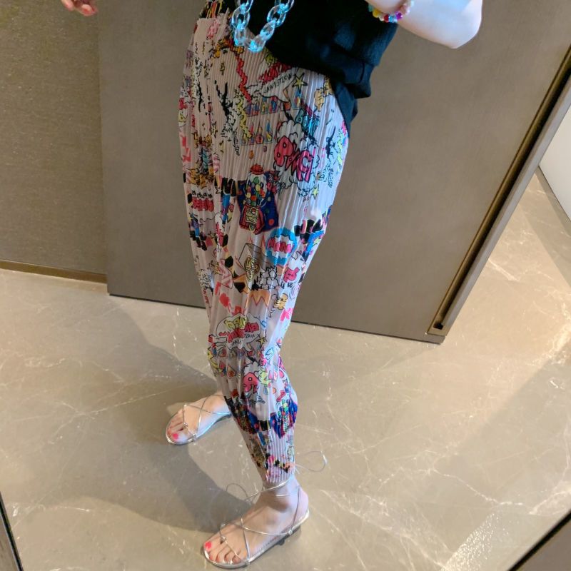 ChimKorean-Pantalon froncé taille haute élastique pour femme, poches imprimées, séchage rapide, droit, été