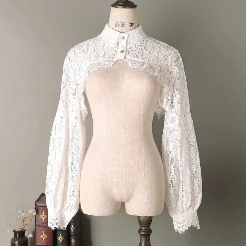 Boléro en dentelle à manches longues pour femme, col chemise, haut court boutonné en maille, cardigan court ouvert sur le devant