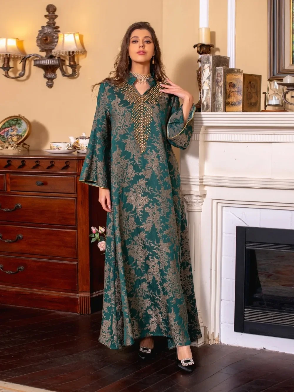 Abaya-Robe musulmane Eid pour femmes, col montant perlé, Jalabiya, robes de soirée marocaines, Abayas caftan, robe arabe longue éducative