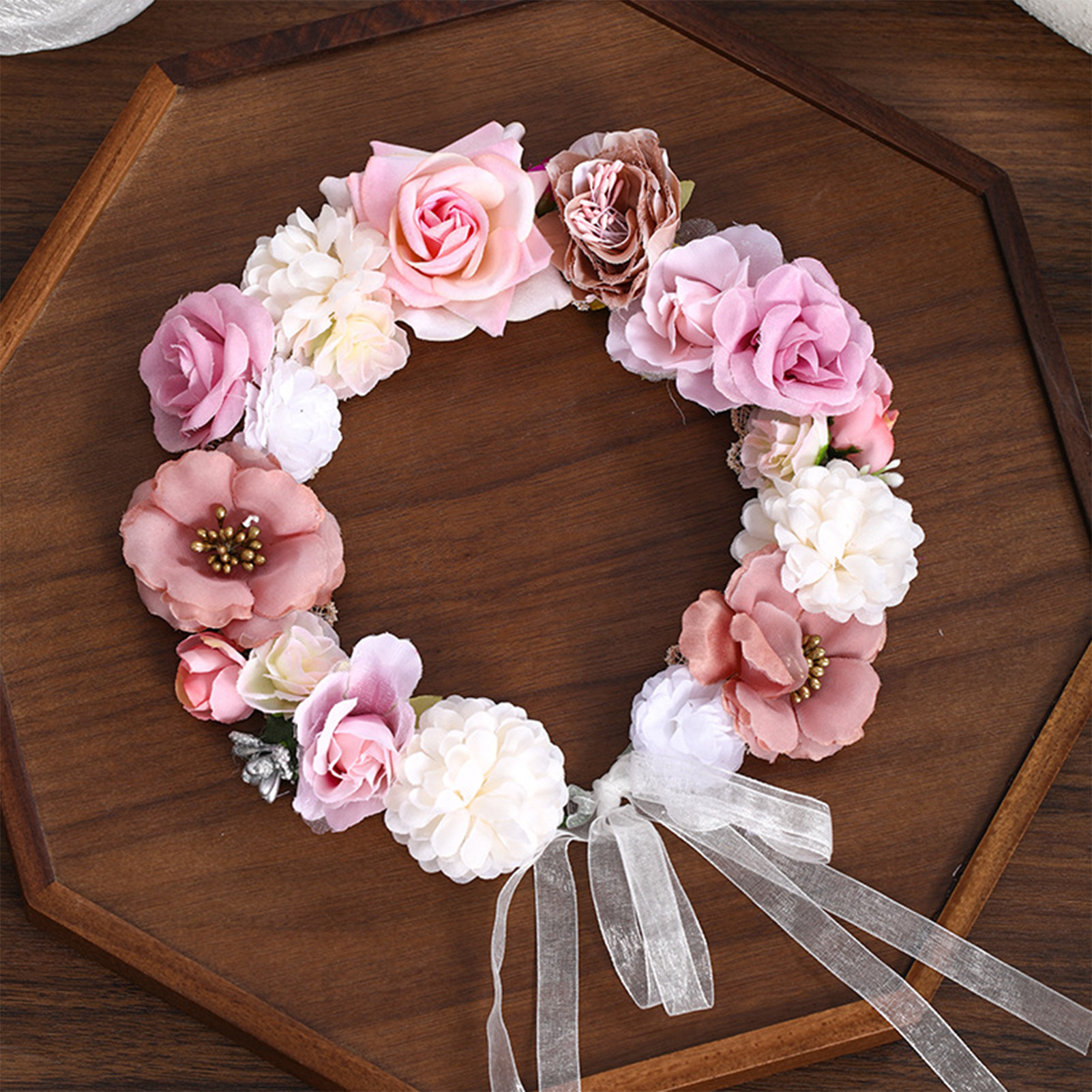 Serre-tête floral style bohème, couronne de fleurs artificielles réalistes pour mariée, accessoires de coiffure