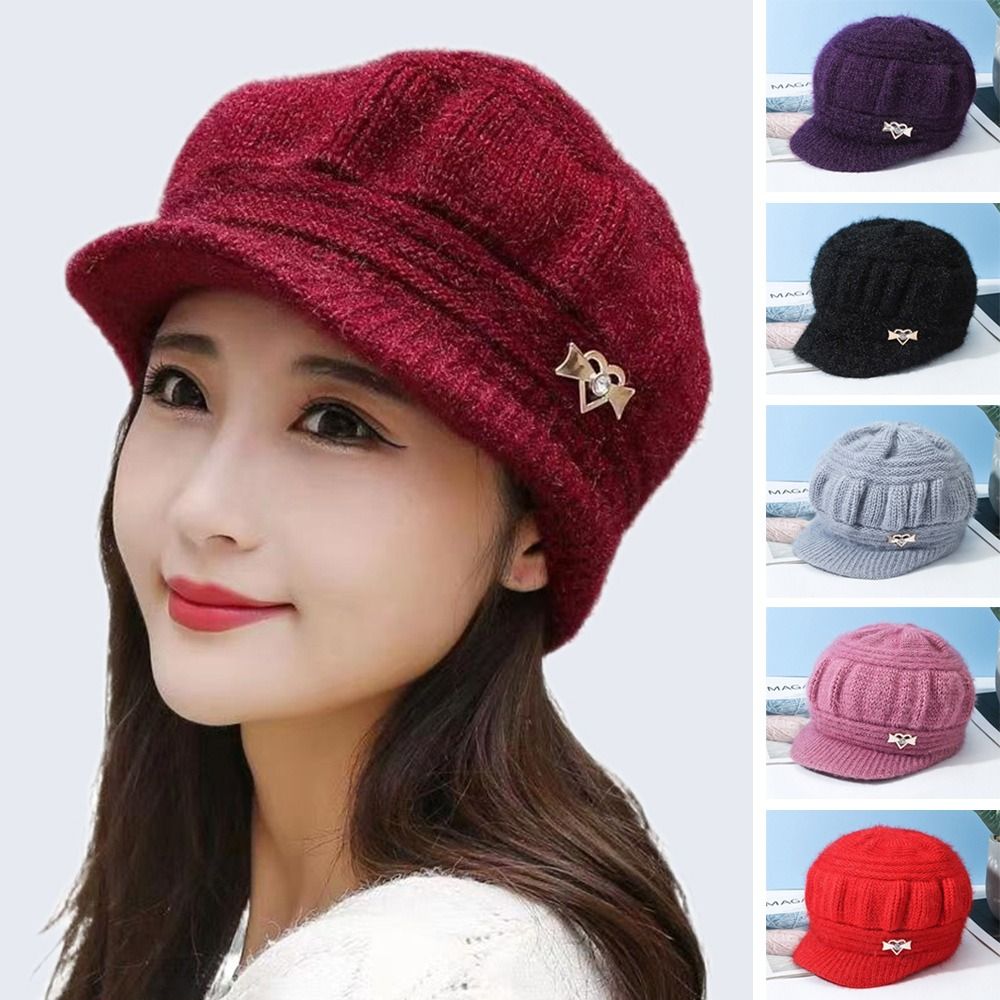 Chapeau en laine tricoté pour femmes, couleur unie, casquette coupe-vent, couvre-chef d'hiver pour personnes d'âge moyen