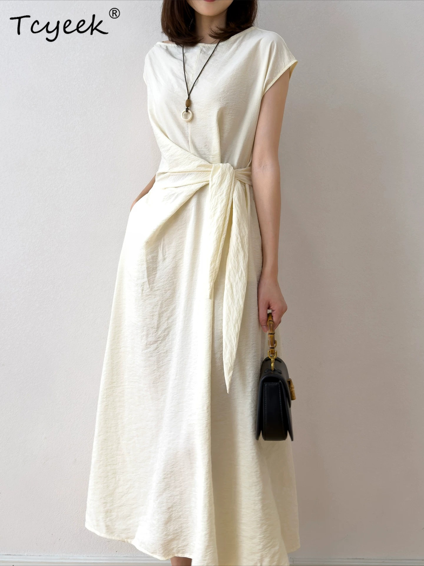 Robe de Soirée Tcyeek 76% Soie Véritable pour Femme, Robes Élégantes pour Femmes, Vêtements d'Été 2026, Robe Fendue en Soie Sèche, Coupe Ample, Vestidos Mujer