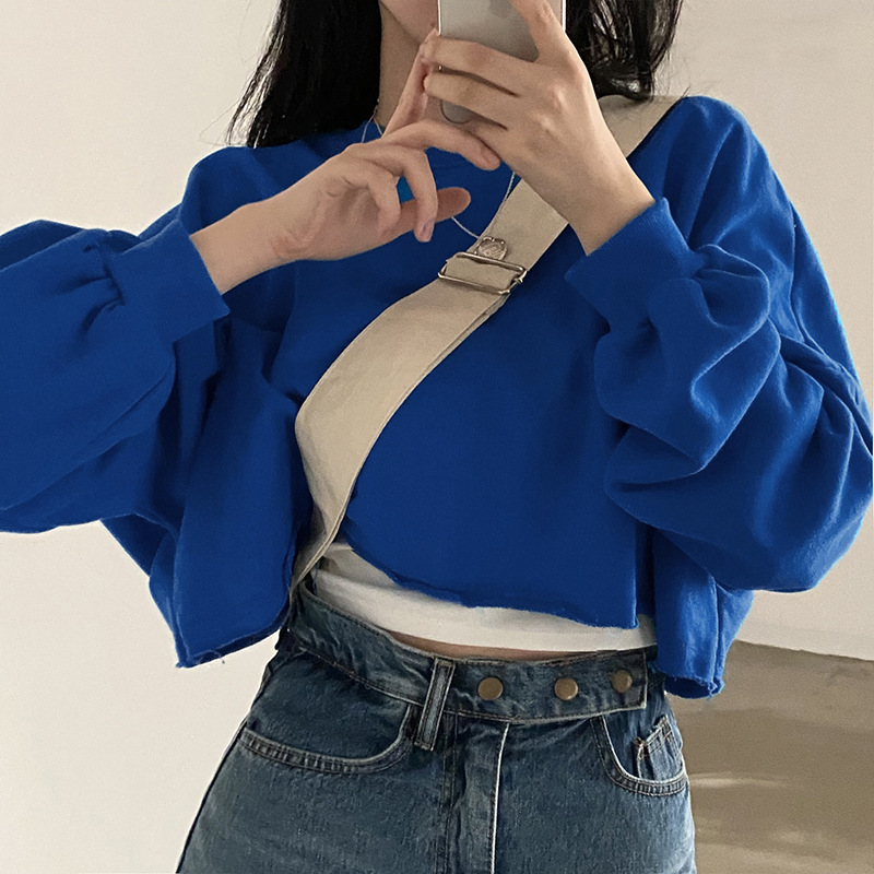 Sweat-shirts courts de mode coréenne pour femmes, hauts courts amples de couleur unie sexy, streetwear décontracté pour femmes, pulls grande taille pour femmes
