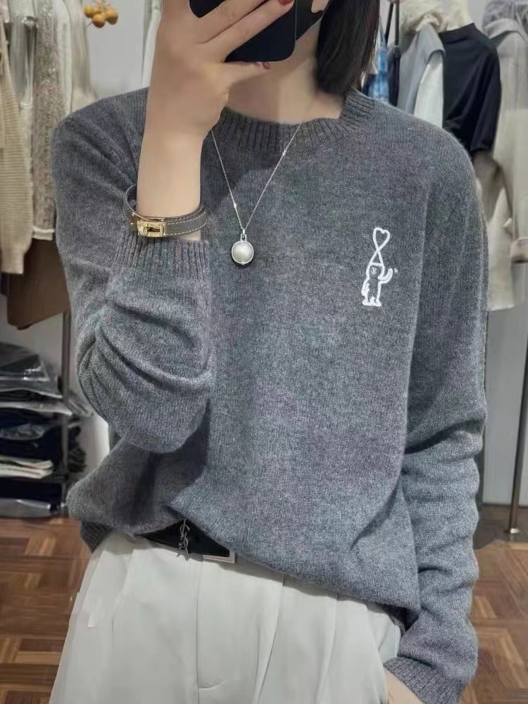 Pull en cachemire à manches longues et col rond pour femme, nouveau Style, haut brodé, printemps et automne