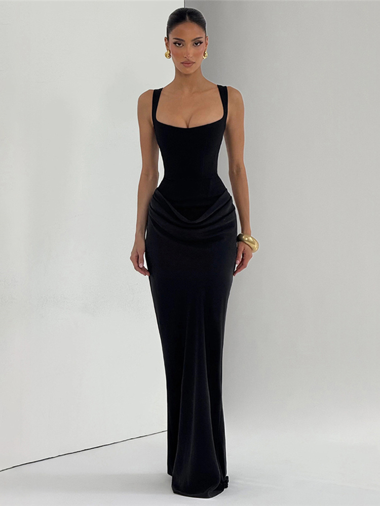 Kliou – Robe longue froncée élégante pour femme, col carré, dos nu, sans manches, douce, pour fête d'anniversaire, slim