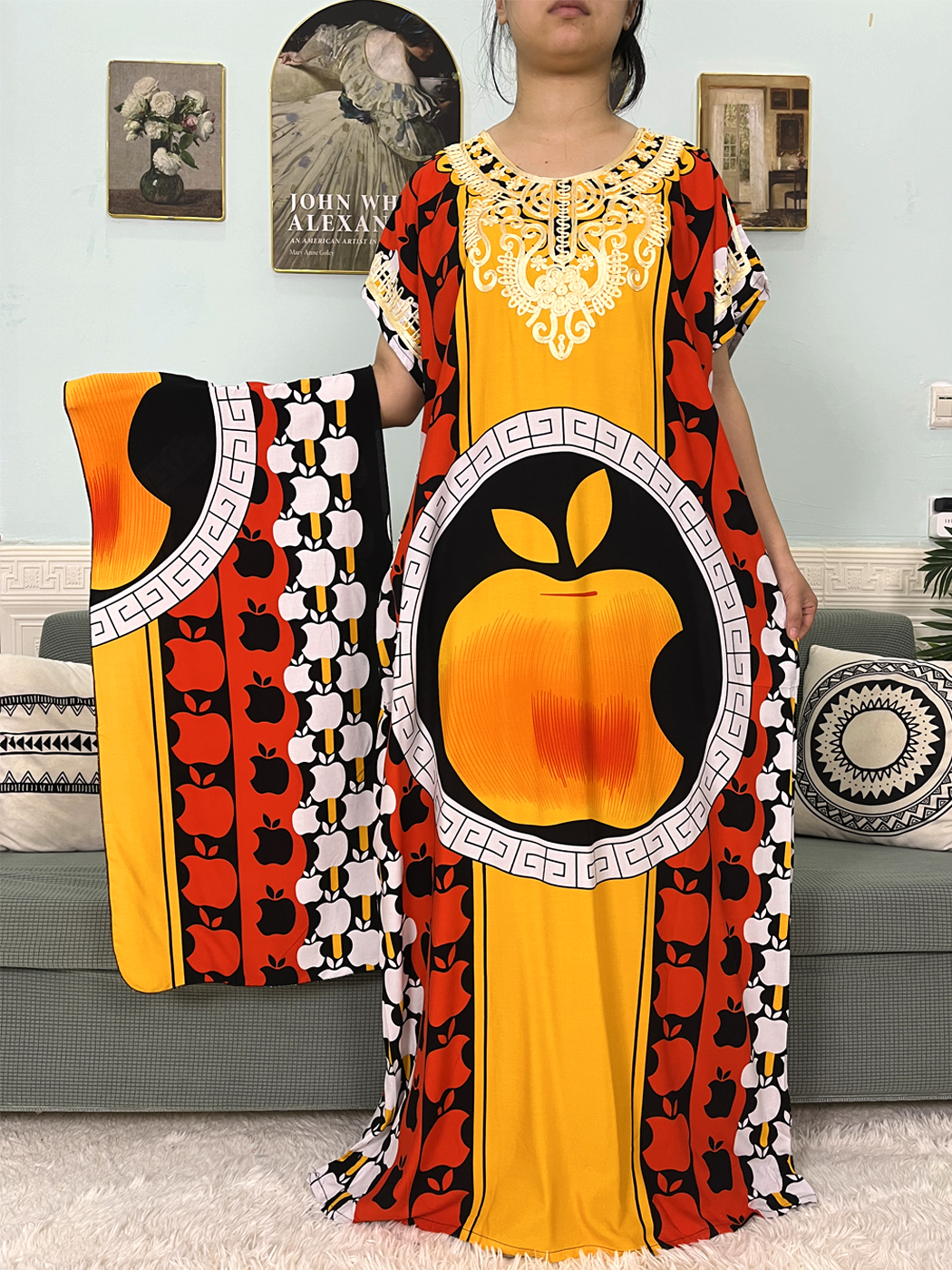 Abayas musulmanes imprimées Apple pour femmes, coton, manches courtes, caftan marocain, boubou adt, robe nigériane, robes avec turban