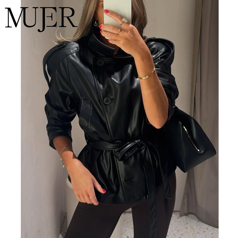 MUJER noir femme Trench manteau Faux cuir recadrée veste femme nouveau en manteaux d'extérieur coupe-vent femme mode vêtements d'extérieur
