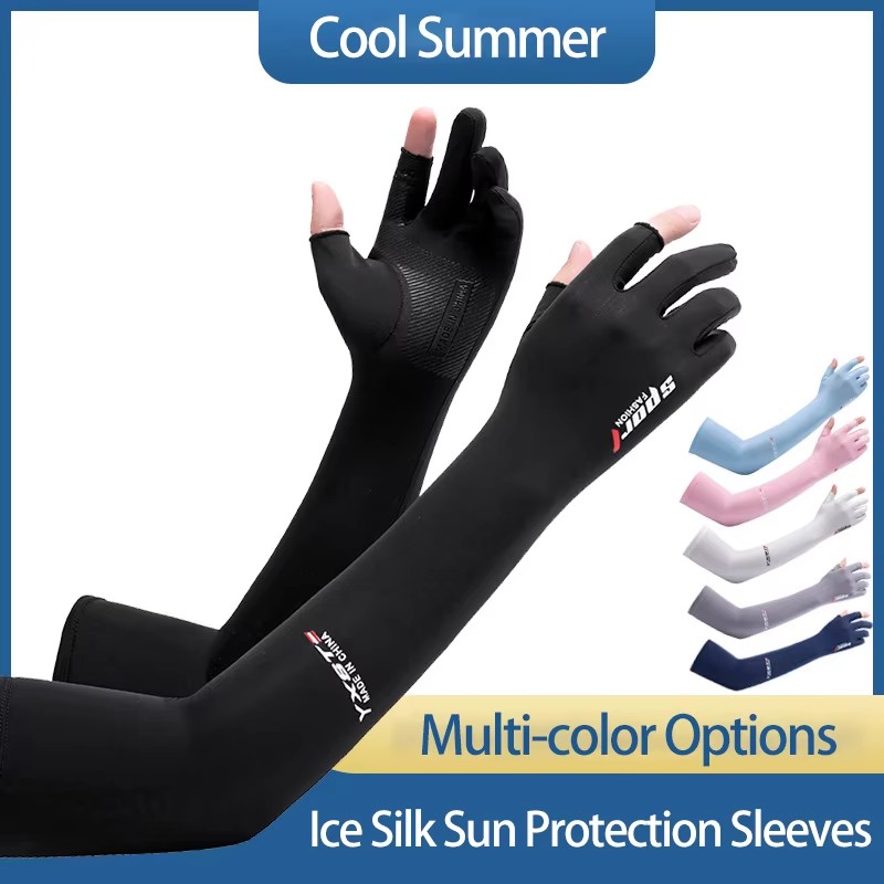 Manches en soie glacée pour femmes et hommes, Protection solaire d'été, pêche, cyclisme, gants respirants à deux doigts, antidérapants, chauffe-bras, manches de conduite