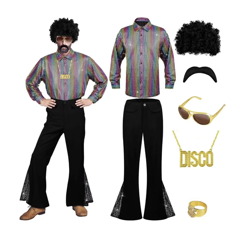 Costume d'halloween Hippie des années 60 et 70, pantalon à paillettes, chemise, hauts, bas de cloche, pantalon évasé pour hommes, tenue brillante de danse Disco pour chanteur