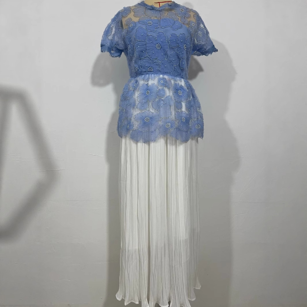 Robe longue femmes robes plissées dentelle fleur brodée évasées une ligne longueur de plancher été 2025 bureau dame robes Maxi robe
