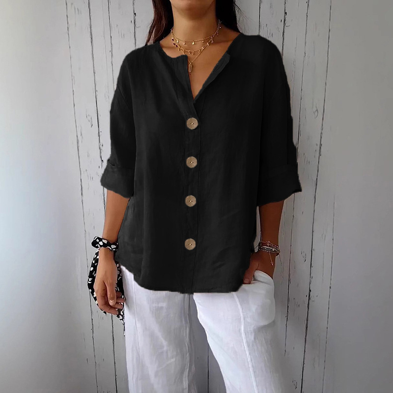 Chemise ample d'été pour femmes, col en v, coton et lin, boutons, chemises décontractées, couleur unie, mode élégante, vêtements de bureau pour femmes, chemisier 2025