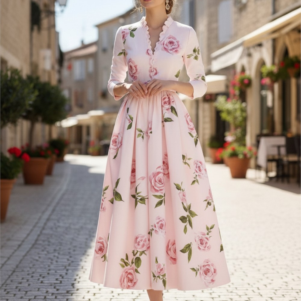 Robe longue élégante et romantique, décontractée, imprimée, taille haute, à la mode, à manches longues, plissée, col en V, coupe trapèze