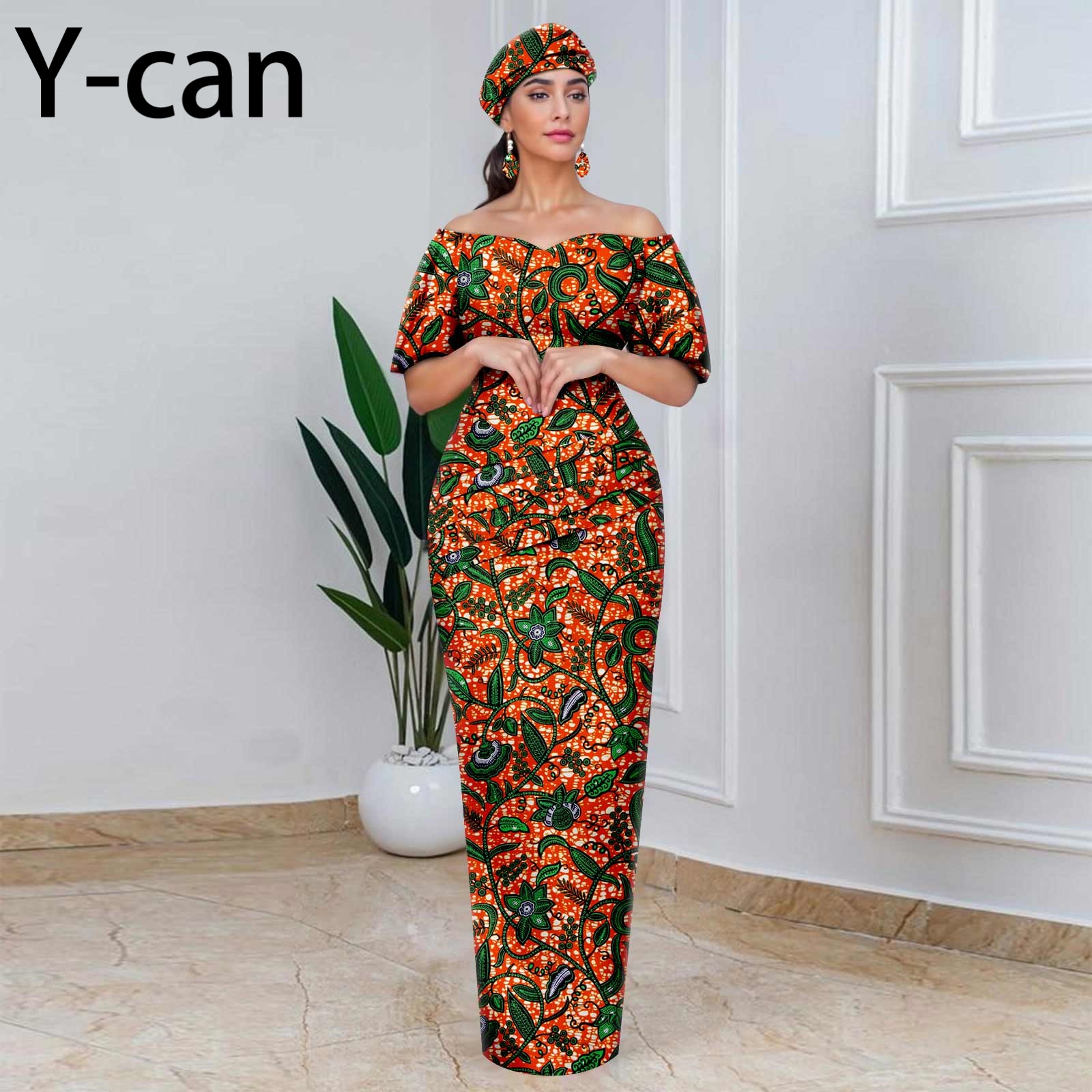 Robes de soirée africaines pour femmes, épaules dénudées, plis, robe Maxi avec foulard et boucles d'oreilles, mariage traditionnel, 2525052