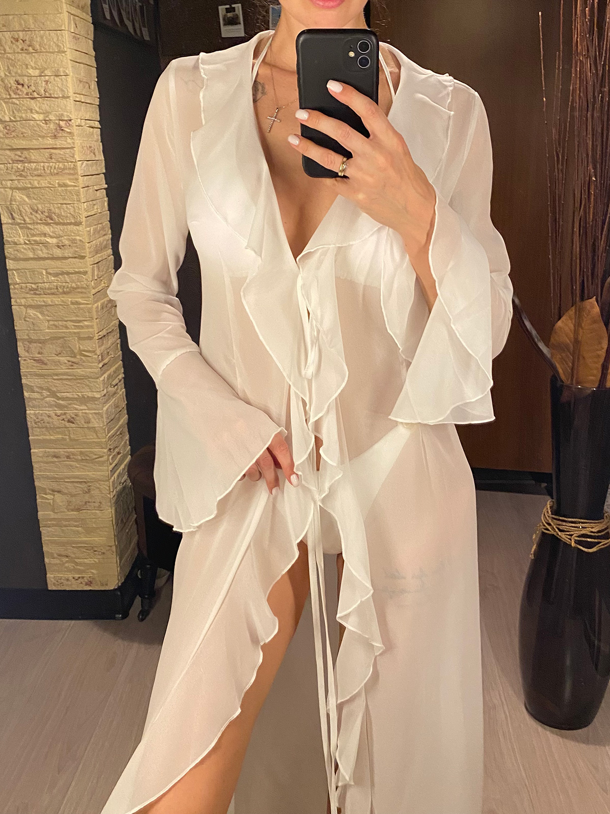 Robe à volants et manches longues pour femmes, col en V, tunique en mousseline de soie, Cover-Up pour la plage, protection solaire, vêtements de plage, vacances, V5976B