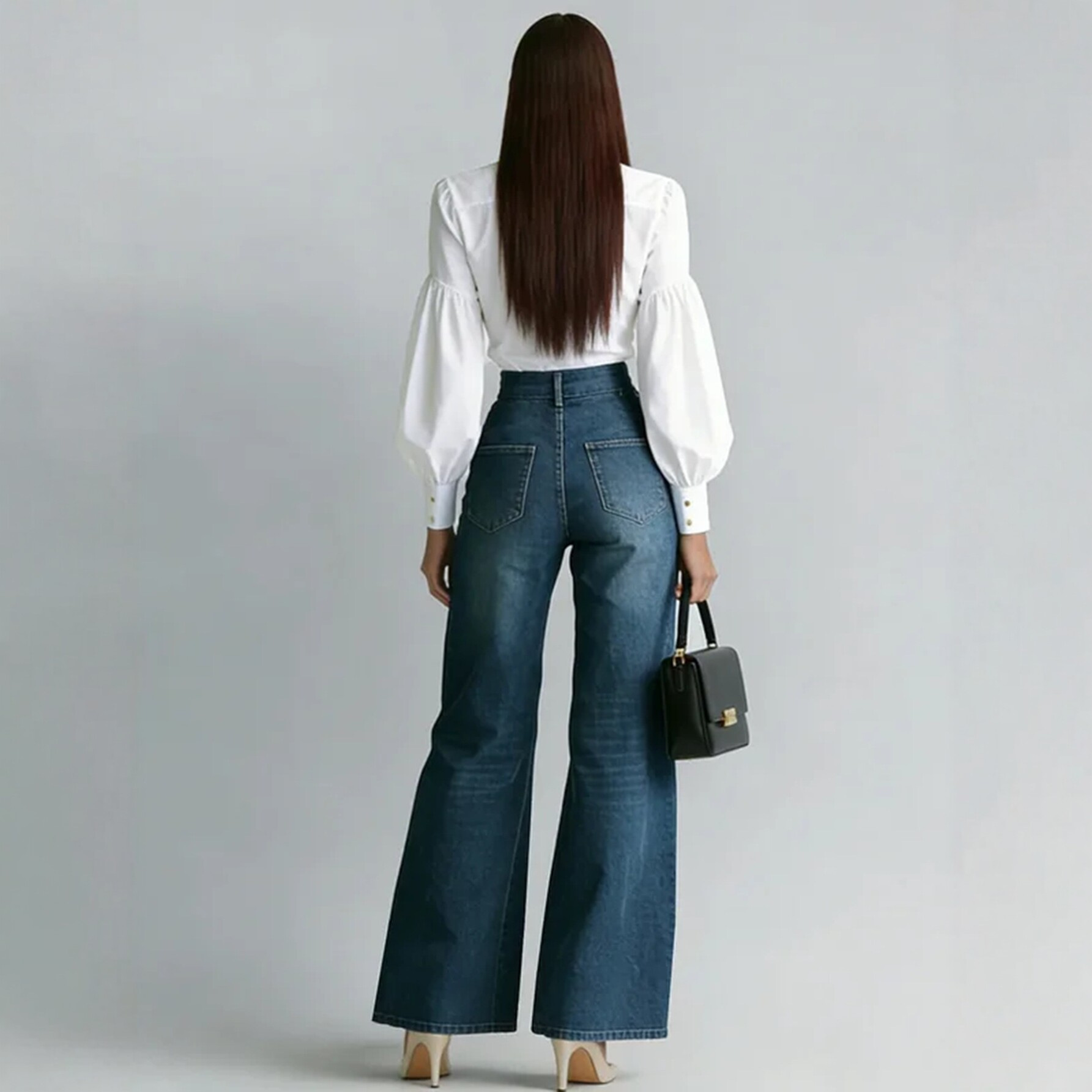 Jean décontracté pour femme à taille haute, coupe large, avec fermeture éclair décorative et poches obliques, élégant et ample en denim