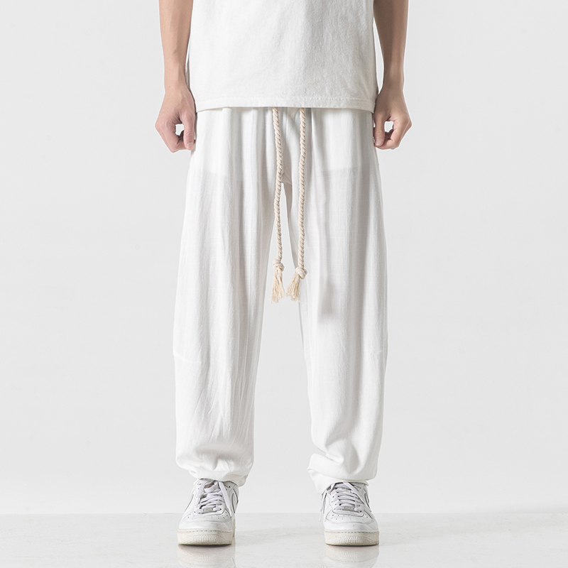 Pantalon en coton et lin pour hommes, sarouel respirant, couleur unie, Streetwear, blanc, longueur cheville, été