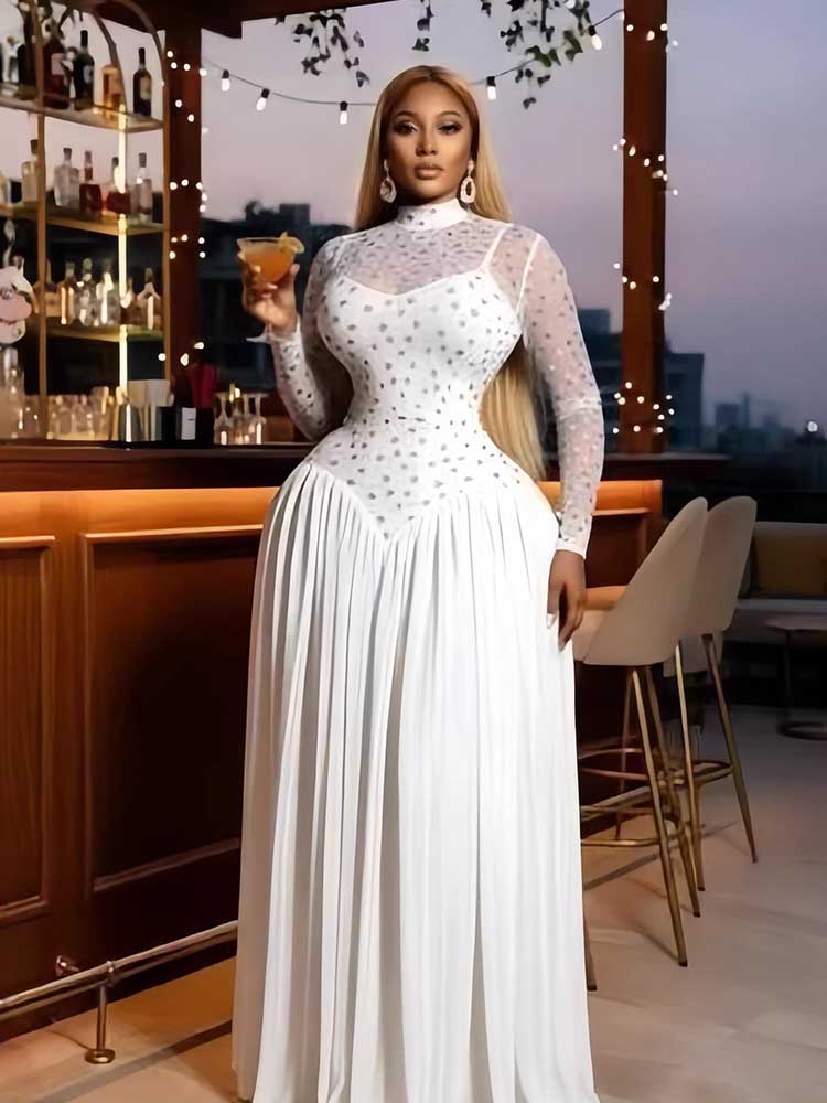  Robe à manches longues pour femmes Printemps Robe trapèze taille haute extensible pour femme ronde, élégante robe de soirée plissée