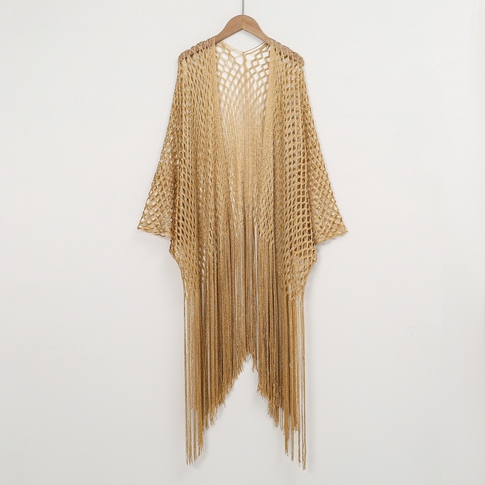 Châle en tulle pour femme, style mode, à franges et patchwork, ajouré et brillant, écharpe d'été, cardigan à col en V, cape de soirée et de bal, cosplay