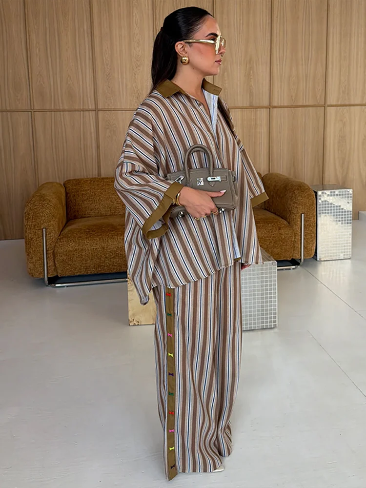 Ensemble chemise et pantalon à rayures, col rabattu, manches trois quarts, chemisier et pantalon large, tenue décontractée chic pour femme 2026