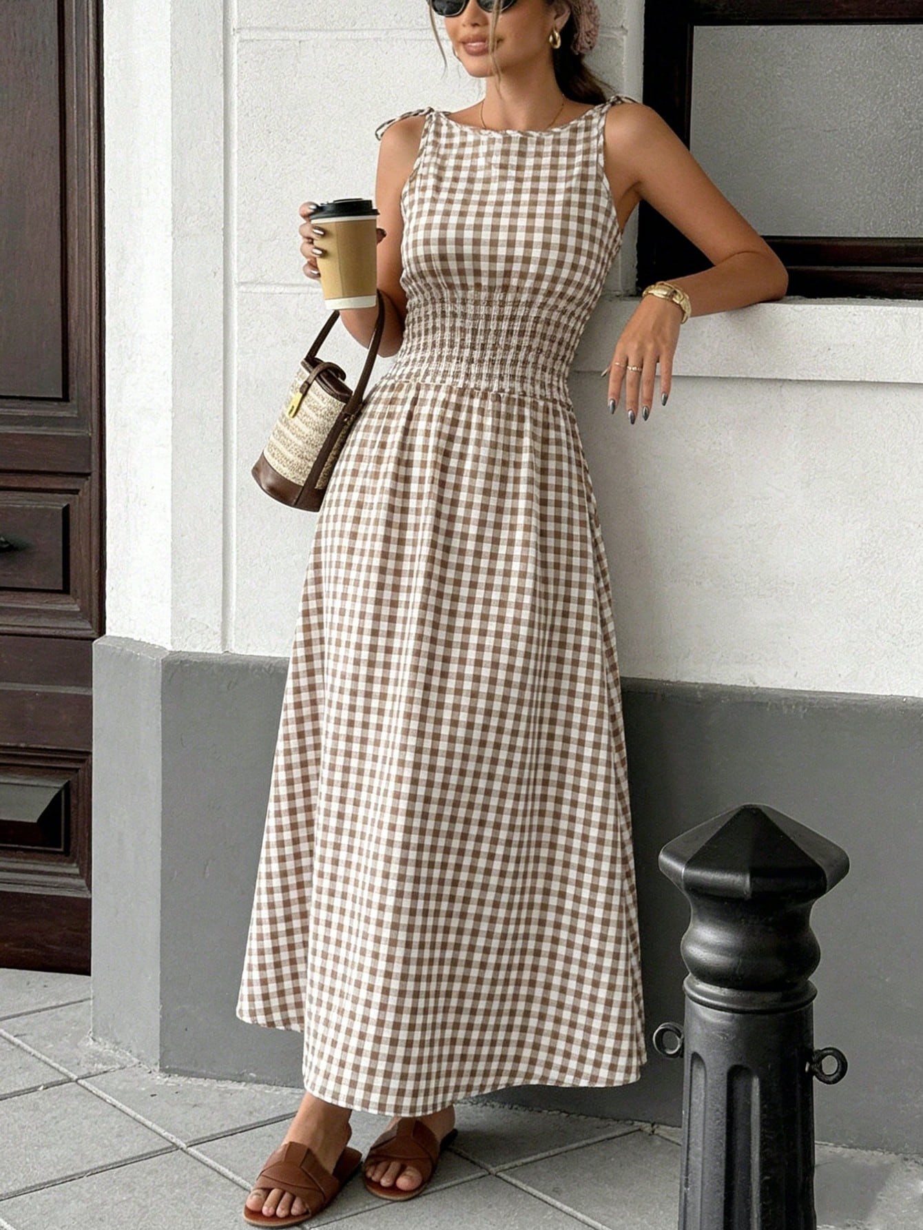 Robe élégante à carreaux pour femmes avec jupe à nœud papillon, robe midi classique à carreaux pour femmes