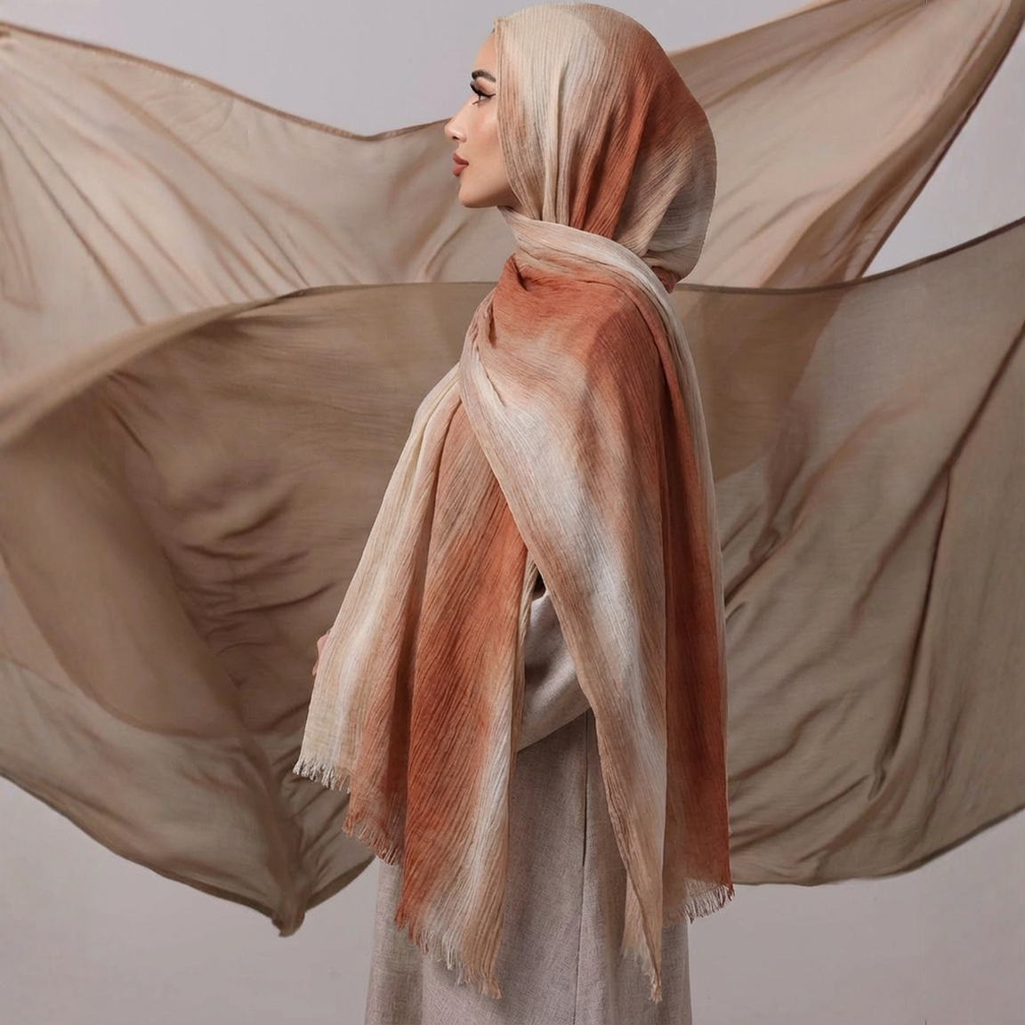 Foulard Hijab en Coton Froissé pour Femme, Coloré avec Pompons, pour Ramadan Musulman, Bord Frangé, Motif Aquarelle, Longues Écharpes et Châles
