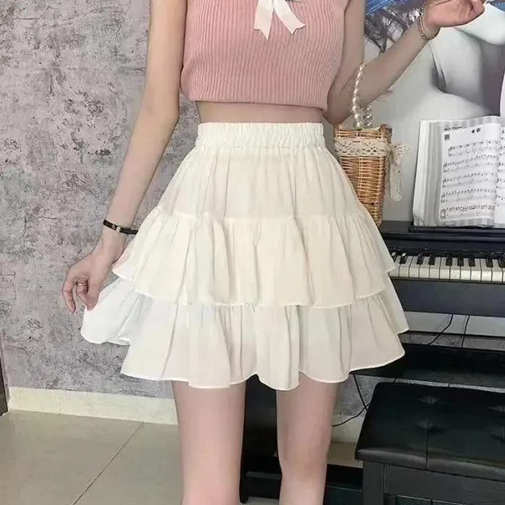 Jupe trapèze plissée blanche pour femmes, à volants, douce, Style Preppy, taille élastique, Slim, Simple, décontractée, vente en gros, été