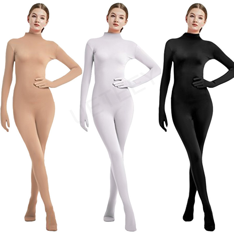Combinaison intégrale pour femme, couleur nude, coupe ajustée, sans couture, col montant, manches 3/4, justaucorps pour la danse, le yoga, les costumes, les jeux de rôle, les vêtements de scène