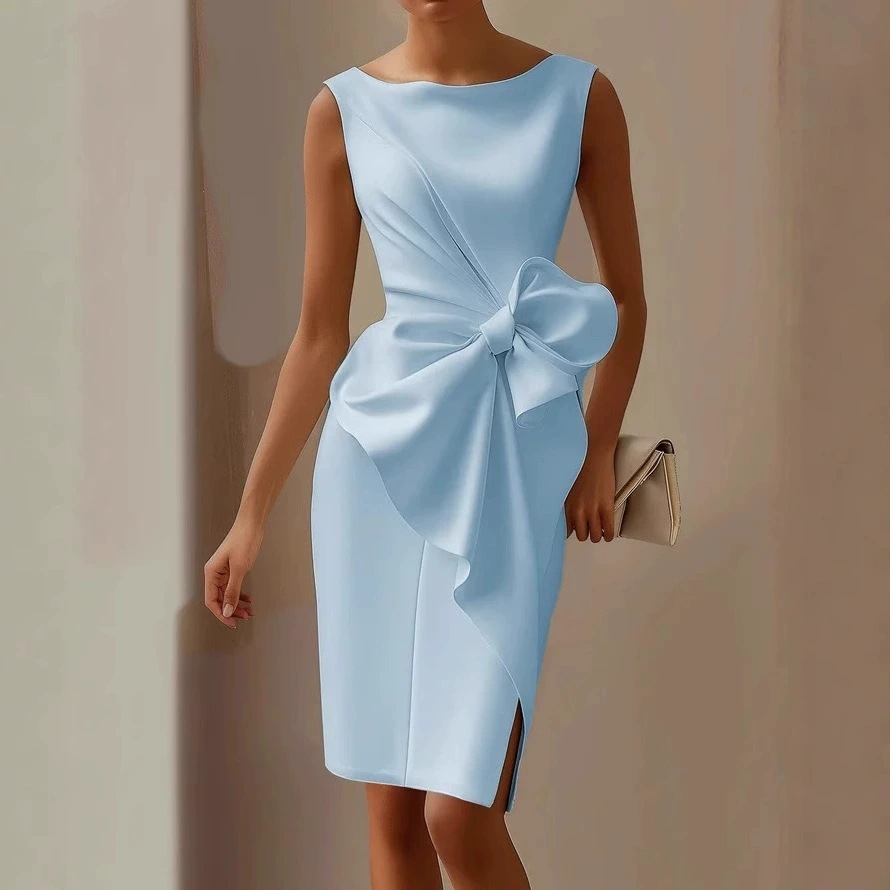 2025 robe femme col rond sans manches blanc élégant nœud mince fête rouge soirée fente gilet jupe