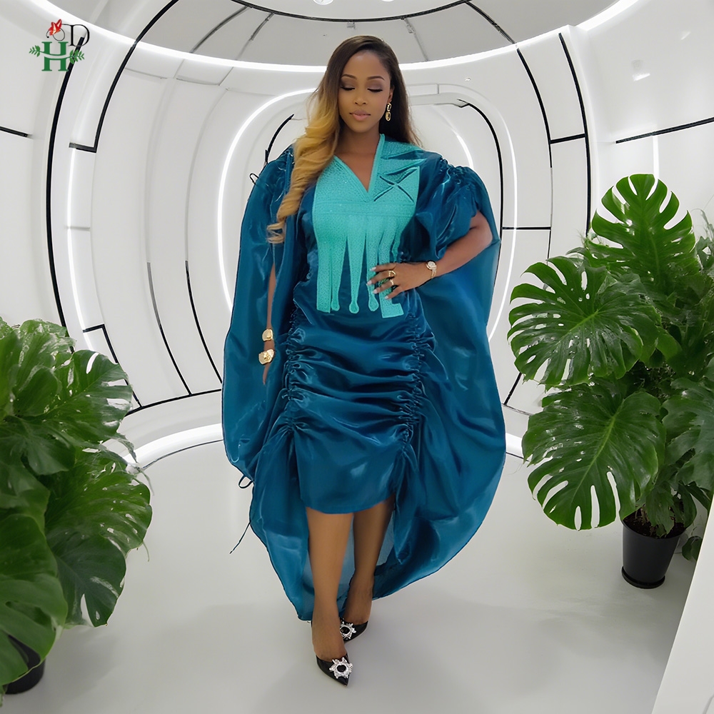 H & D femmes africaines grande taille vêtements nouveauté col en v manches chauve-souris brodé froncé Robe irrégulière Robe de mariée Robe Bubu