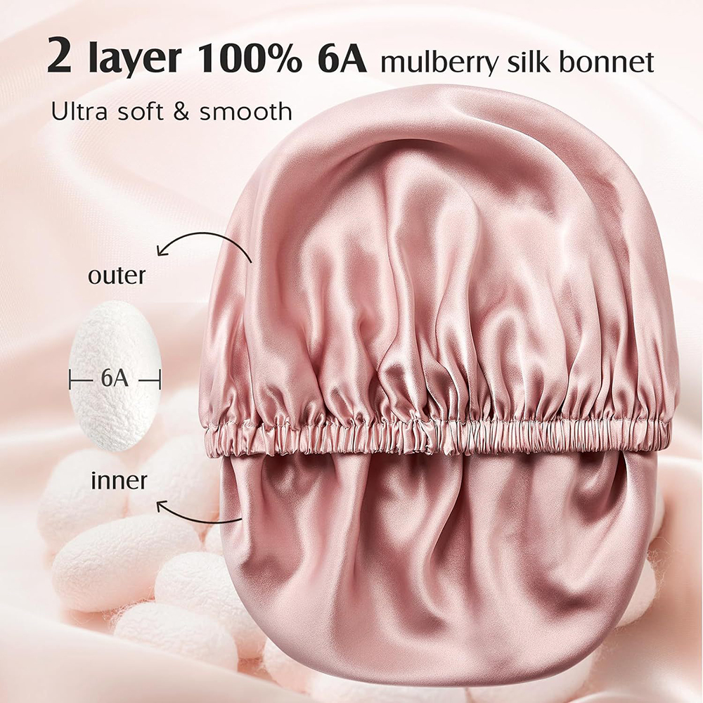 Bonnet Double couche en soie de mûrier 100% Pure pour femmes, chapeau de couchage, Bonnet de nuit avec bande élastique réglable