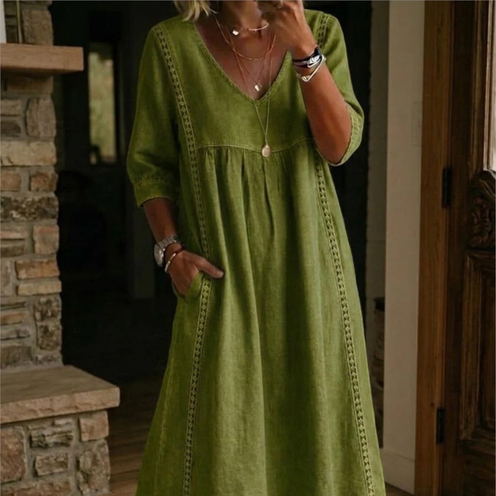 Robe longue décontractée et élégante, style bohème, col en V, à poches, couleur unie, coupe ample, pour le quotidien, printemps-été, style rétro, pull-over en dentelle