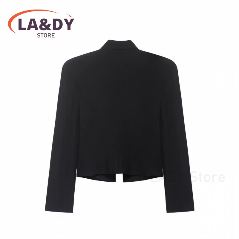 Blazer court élégant noir vintage pour femme avec épaulettes rembourrées, collection Printemps-Automne 2026