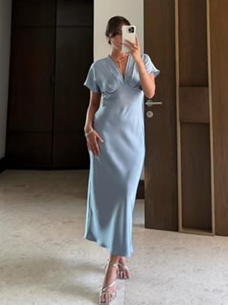 Robe longue en Satin élégante pour femmes, col en v, manches courtes, taille haute, Robes de soirée, mode d'été 2021, ligne a bleue