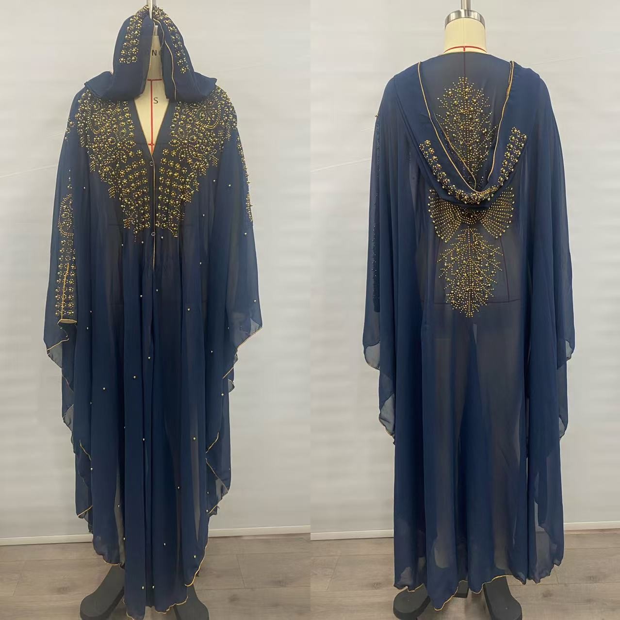 Robe longue 137 cm, tour de l'épaule 153 cm, 2026, en mousseline de soie perlée, ornée de strass dorés, robe africaine, robe musulmane du Moyen-Orient 439 #