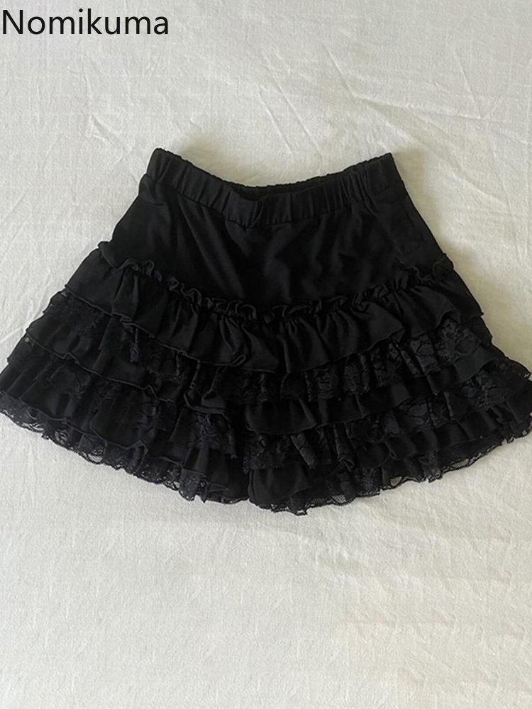 Ensemble jupe et haut pour femme, noir, 2 pièces, tunique à col montant, hauts patchwork, mini-jupes en dentelle, tenues chics d'été, ensemble élégant
