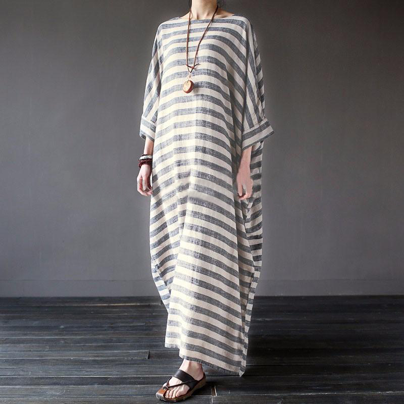 Femmes coton lin robe rayée 2025 été ample grande taille 4XL 5XL robe Maxi robe femme décontracté longue Boho caftan robe musulmane