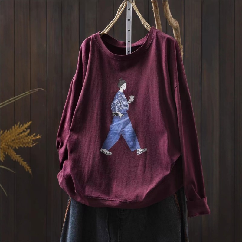 Automne femmes T-shirt 2025 nouveau décontracté col rond imprimé à manches longues pulls rétro hauts