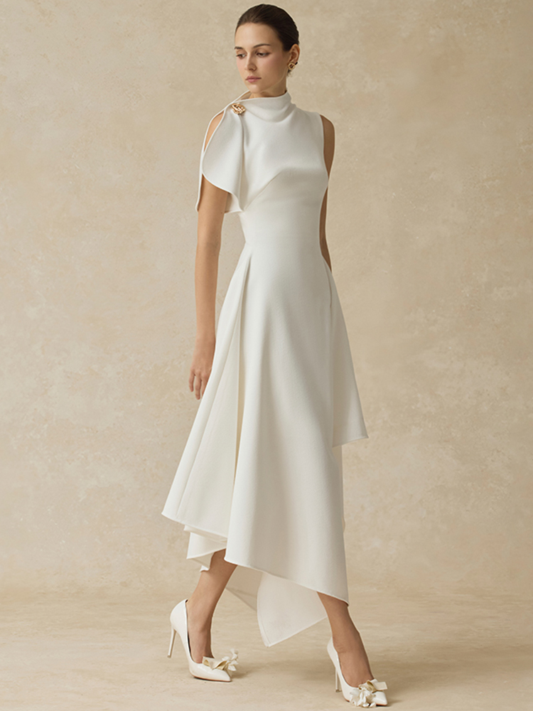 DEAT robe élégante col montant irrégulière taille haute longue couleur unie femmes robes de soirée 2025 hiver nouvelle marée 35Z3948