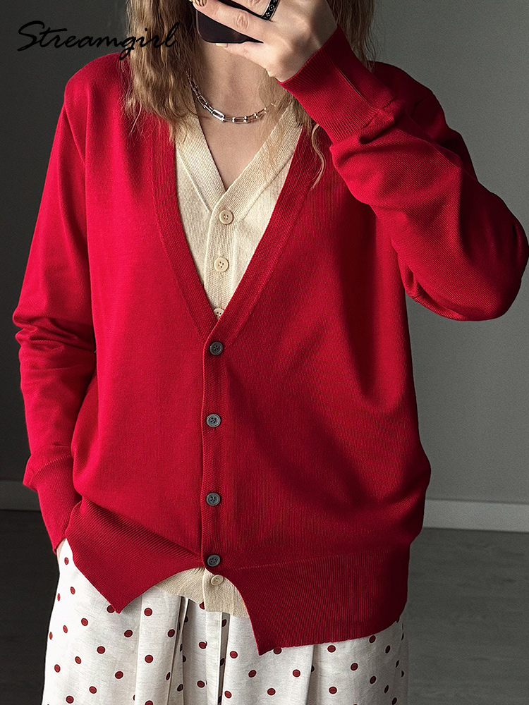 Cardigan court à boutons pour femme, manches longues, col en V, ample, effet deux pièces, rouge, tricoté, veste d'automne pour femme