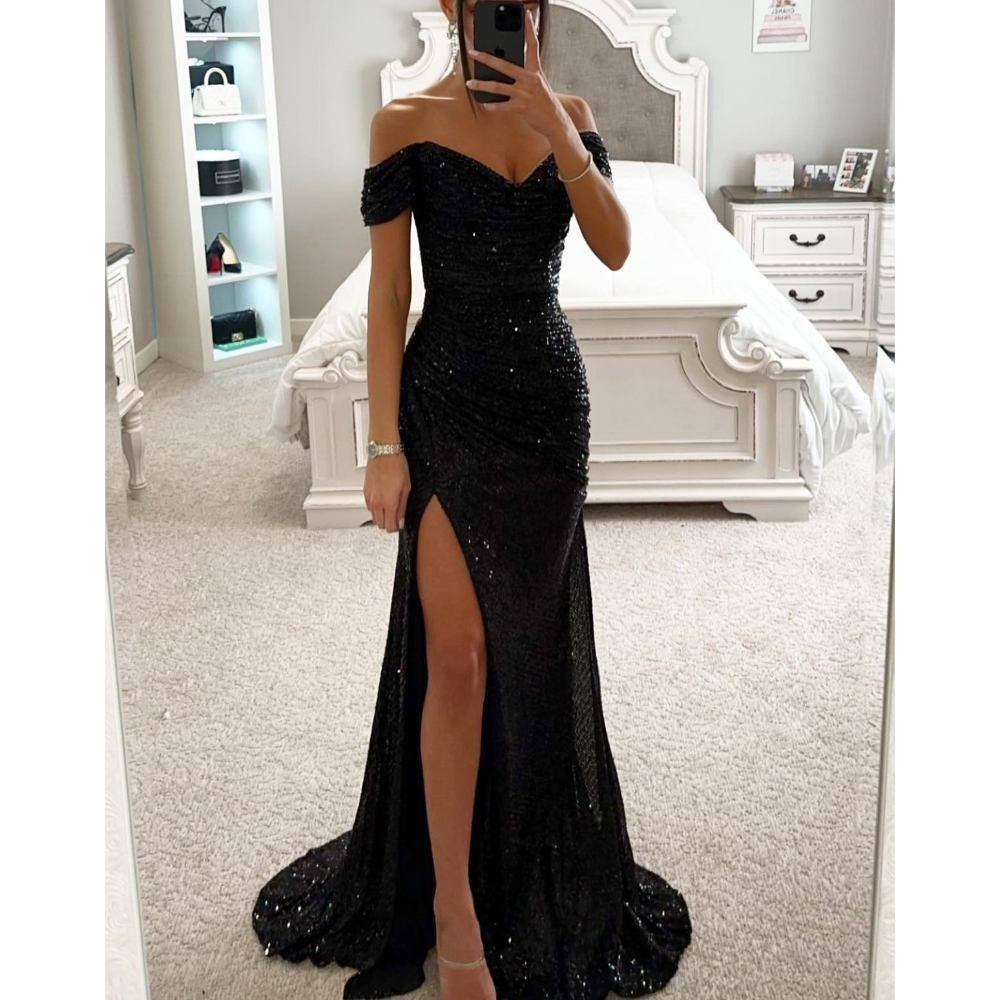 Robe de bal fendue Sexy pour femmes, robe à paillettes, mode élégante, épaules dénudées, Maxi, 2026