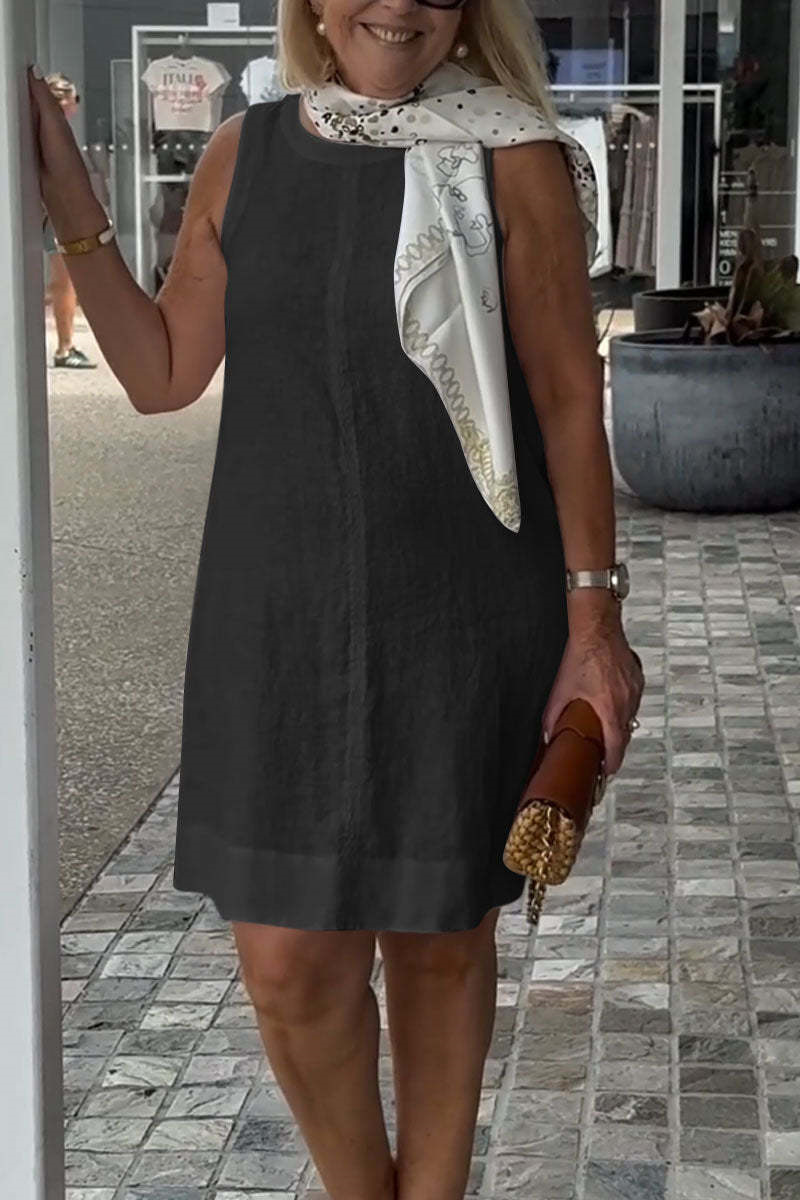 Femmes confortable coton lin couleur unie robes élégant col rond robe été décontracté banlieue taille haute sans manches robe 2025