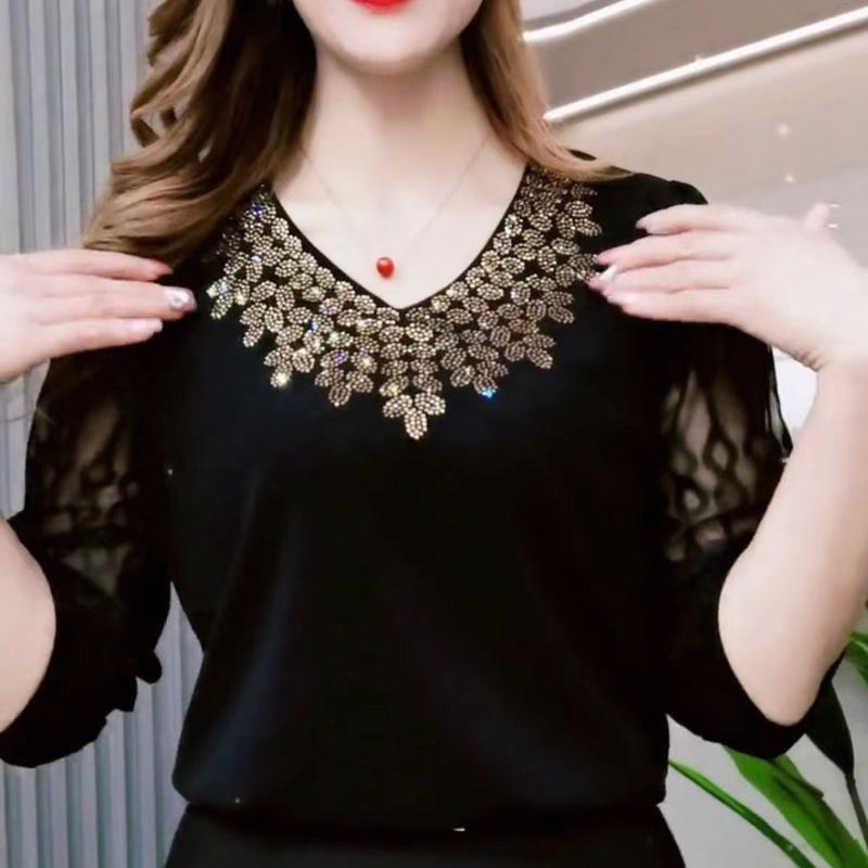 Femmes été T-shirt col en v mode demi manches maille Patchwork T-shirt femmes chemise de fond dames noir pull femmes hauts