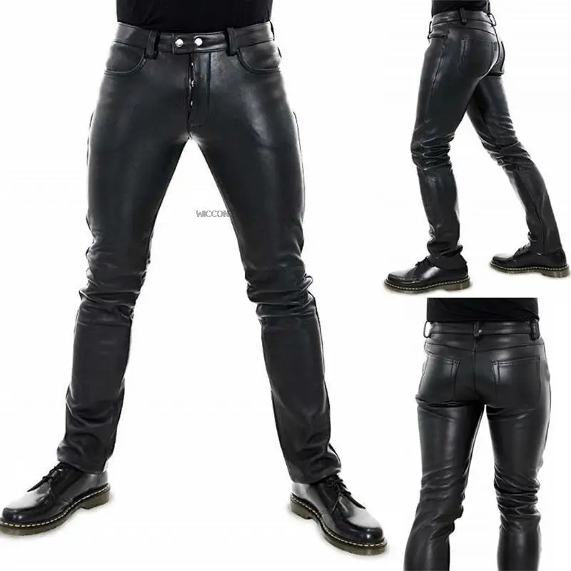 Pantalon en cuir pour hommes, couleur unie, en cuir PU, pour moto, élastique, loisirs, Style Punk, Slim Fit, pleine longueur, nouvelle collection 2022