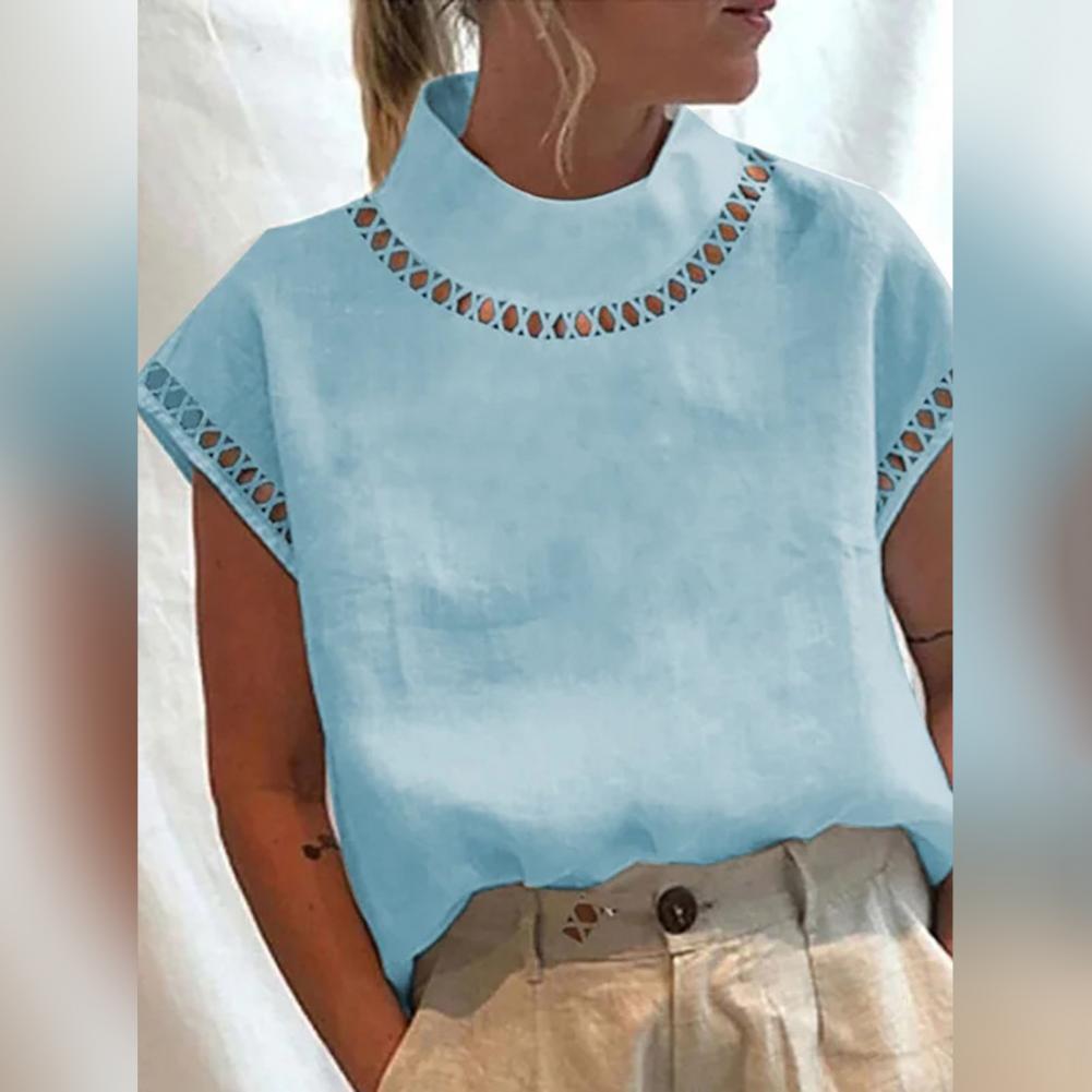 Femmes décontracté col rond coton lin Blouses printemps évider épissage bureau haut été à manches courtes en vrac Vintage vêtements chemises