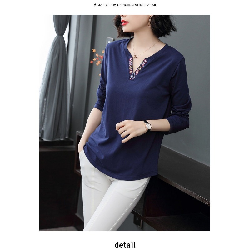 T-shirt à manches longues et col en V brodé pour femmes, décontracté, ample, confortable, idéal pour les mamans, chemisier basique doux, hauts d'été