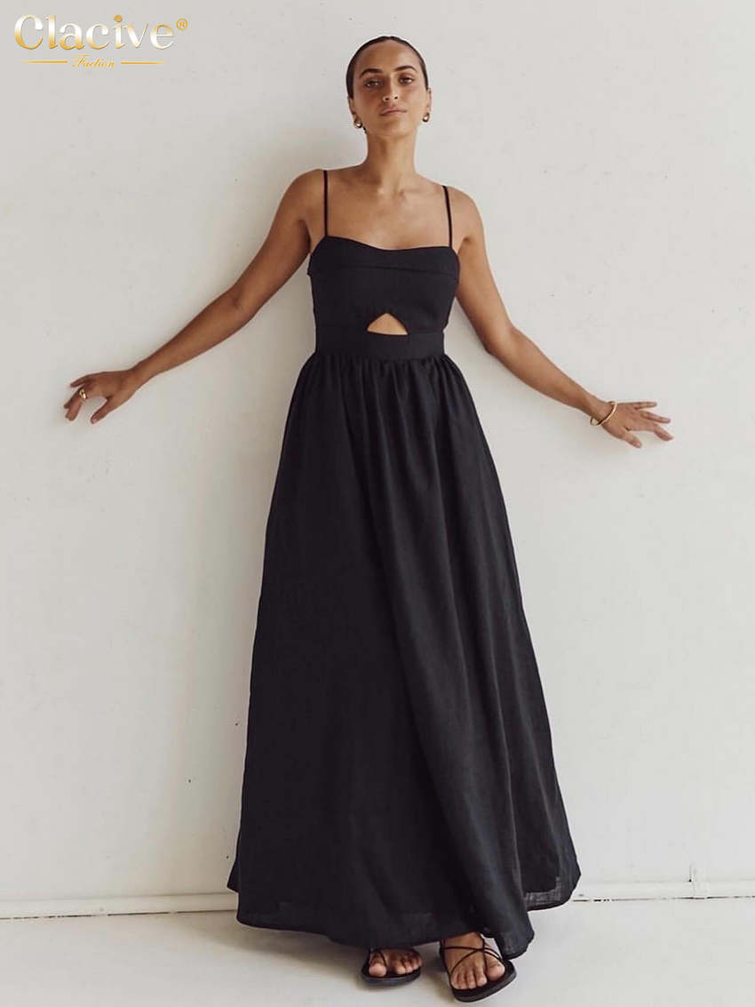 Clacive – robe d'été en coton noir pour femmes, ample, Sexy, bretelles, sans manches, longueur cheville, élégante, ajourée, 2024