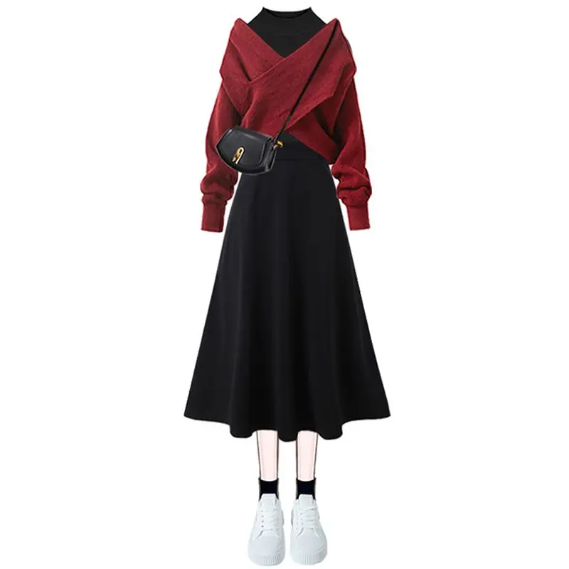 Femmes printemps automne nouveau Vintage tricot pull + chemise + sangle robe Midi 3 pièces costume 2025 coréen élégant pull robe correspondant ensemble