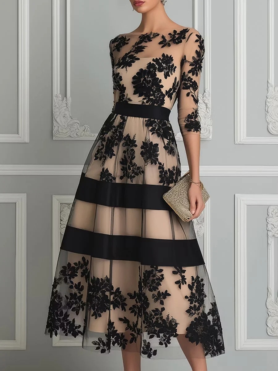 Robe de soirée élégante pour femmes, longueur midi, col rond, manches 3/4, noire, à motifs floraux floqués, en tulle et maille, coupe A-line, pour cocktails, soirées formelles et bals de promo.